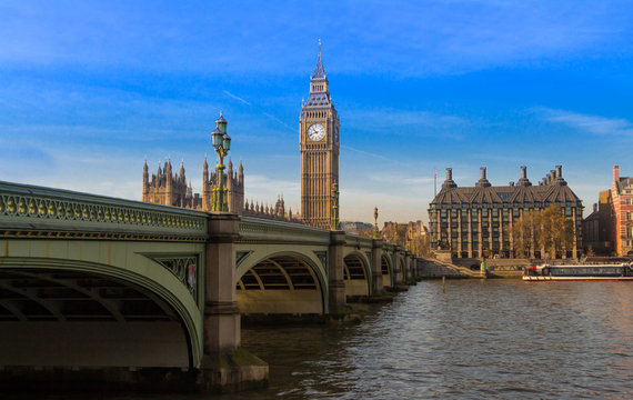 The Big Ben and Westminster Bridge in London.