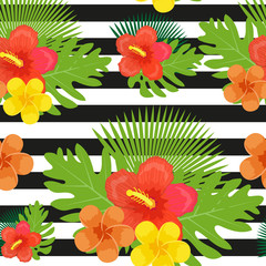 Tropical flowers, plants, leaves and black and white stripes seamless pattern. Endless summer floral background. Paradise repeating texture. Exotic backdrop. Vector illustration