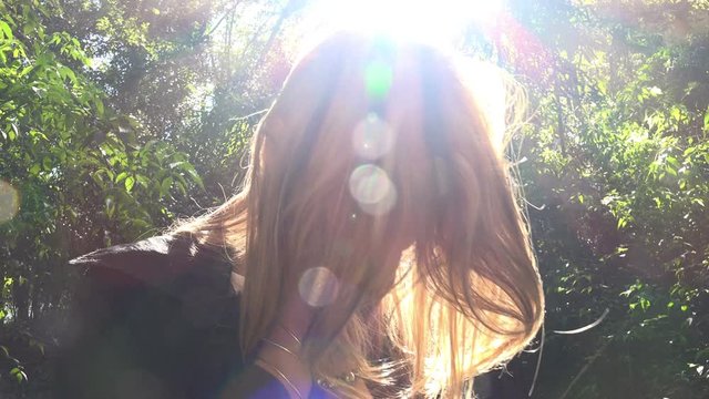 Frustrated lonely  blonde Woman in the forest Cryies and screams