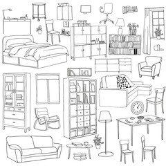 Vector set of modern furniture objects, drawn with black pen. Table, bookshelf, sofa, bed, armchair, cupboard, chairs, desk, window, pots.