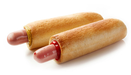 Two hotdogs on white background
