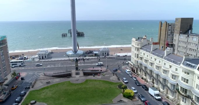 Aerial view of a regency square in Brighton and Hove approaching the sea and the destroyed west pier