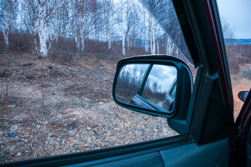 Side mirror on the car view through door