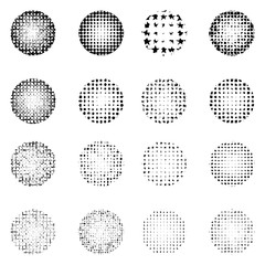 Set of Halftone roughen circles isolated on white background.Collection of halftone effect dot patterns.