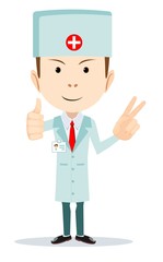 funny cartoon illustration of a friendly doctor. Stock vector illustration for poster, greeting card, website, ad, business presentation, advertisement design.