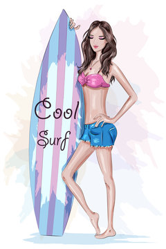 Beautiful girl with surfboard. Sketch. Pretty sport girl. Fashion woman. Vector illustration.