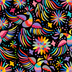 Mexican embroidery seamless pattern. Colorful and ornate ethnic pattern. Birds and flowers dark background. Floral background with bright ethnic ornament.