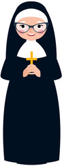 Elderly catholic nun in traditional monastic clothes with a cross in hands - obrazy, fototapety, plakaty