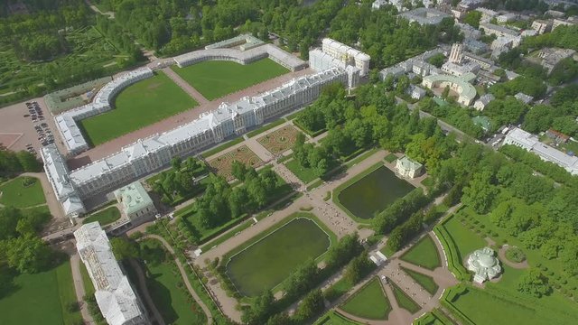 Aerial view of Catherine palace and Catherine park in Pushkin, Russia