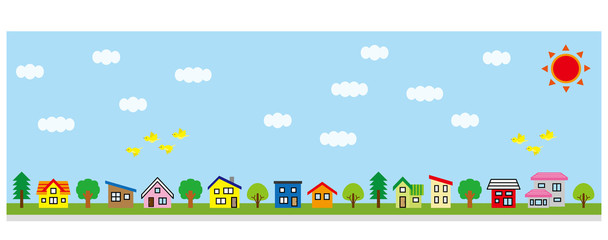シンプルな家と木の並びロングバージョン(空と太陽と雲と鳥)