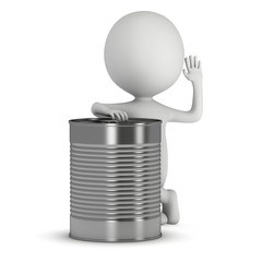 Man stand near aluminium can. 3D render of metal canned food isolated on white.