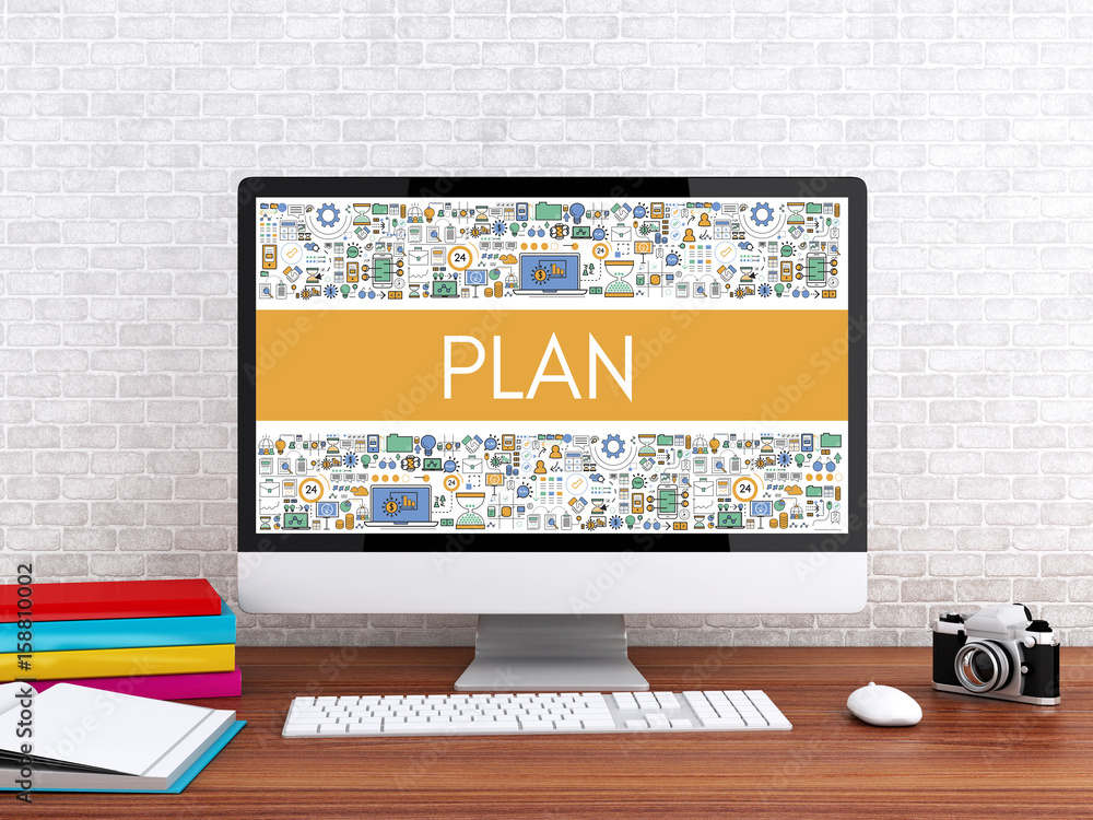 Poster 3d computer with word plan.