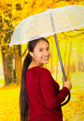 Young smiling woman wearing a red sweater with long hair holding an umbrella at beautiful autum park