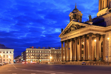 The facade of St. Isaac's Cathedral in the evening in Saint-Petersburg