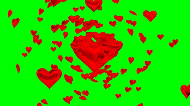 Animated small gold hearts exploding from large gold heart against green background. Less particles.