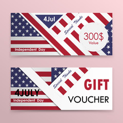 Gift voucher american flag background or certificate coupon template with clean premium modern pattern design.Independence day symbol.