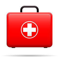 First aid kit. Red case with medical emblem. Box for medications. Suitcase with tools for first aid. Vector .