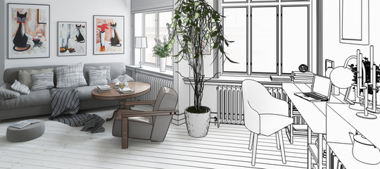 Wohnzimmer mit Einrichtung (Konzept, panoramisch)