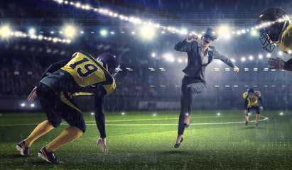 Woman in virtual helmet . Mixed media