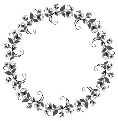 Silhouette floral round frame with halftone pattern. Vector clip art.