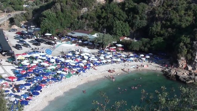 BUYUK CAKIL BEACH, KAS, TURKEY &ndash; August 20, 2013: Beach in bay, high season, top view