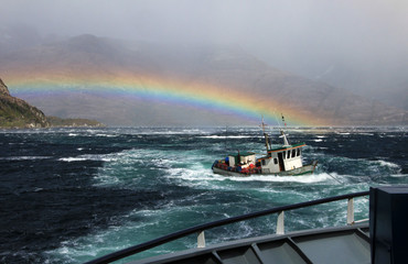 Fishing boat got rescued after struggeling for life in a storm, fiord in Bernardo O'Higgins Nationa...