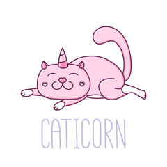 Cute image of a lying cat with a horn unicorn. It can be used for sticker, patch, phone case, poster, t-shirt, mug etc.