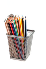 color pencils in metal pot