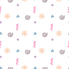 Seamless pattern in memphis style, with geometric elements: triangle, spiral, zigzag, sun; on a white background.  It can be used for packaging, wrapping paper, textile and etc.