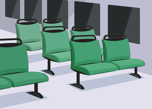 
Empty Bus Interior. View Inside The Means Of Transport. Cartoon Vector Illustration.
