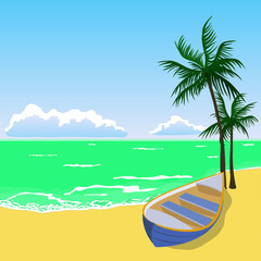 Naklejka premium Boat and palm on summer tropical beach vector illustration