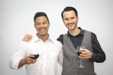 People holding wine together for drinking, business partner concept on white background.