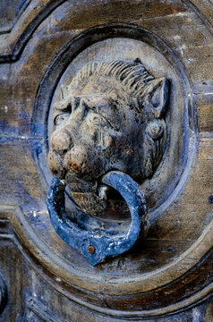 Close-up vertical photo of wooden old lion head door knob in Valleta,Malta