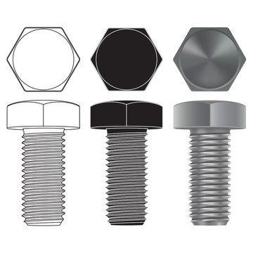 Metal bolts. Outline icon and 3d model