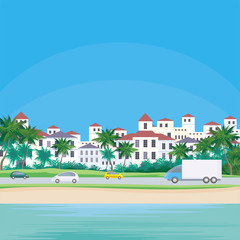 The image of a coastal town. The road along the sea. Beautiful summer landscape. Vector background.