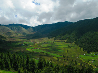 Landscape of mountain Phobjikha valley at Bhutan Himalayas