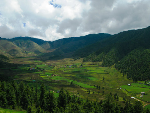 Landscape of mountain Phobjikha valley at Bhutan Himalayas