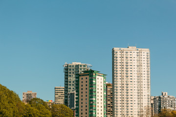 Photo of Vancouver buildings against blue sky