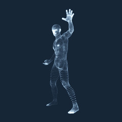 Fototapeta na wymiar .Vector man with hand up to stop. Human showing stop gesture. 3D model of man. 3D vector illustration.
