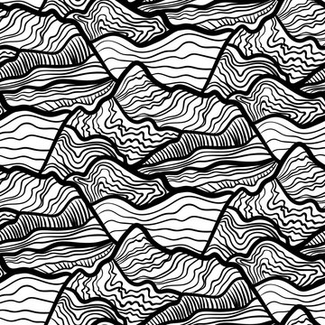 Seamless vectori pattern of swirls of waves, peaks of mountains. Black and white hand drawn ornament.