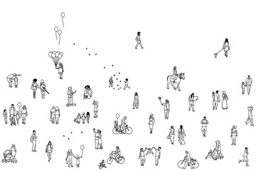 Seamless banner of tiny people, can be tiled horizontally: pedestrians in the street, a diverse collection of small hand drawn men and women walking through the city - 158828833