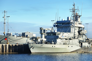 Moored military ships on a pier in Hamburg