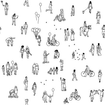 Seamless pattern of tiny people: pedestrians in the street, a diverse collection of small hand drawn men and women walking through the city
