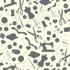 Fototapeta na wymiar Seamless pattern on the theme of needlework and sewing , grey silhouettes of icons on a light background 