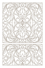 Fototapeta na wymiar Set contour illustrations of stained glass with abstract swirls and flowers , horizontal orientation