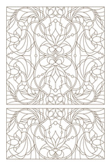 Set contour illustrations of stained glass with abstract swirls and flowers , horizontal orientation