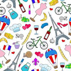 Seamless pattern on the theme of travel in the country of France, simple icons , colored signs on a light background