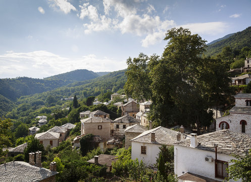 View over Pinakates village (next to Milies) with traditional houses, Pelion peninsula, Greece.