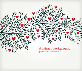 Elegant vector ornament with leaves and red hearts