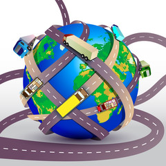 Vector illustration. Planet Earth braided many roads with trucks. Transportation concept for web banners and infographics